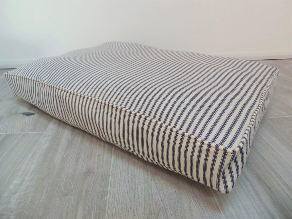 For Percy - Premium personalised Dog Cushion - Perfect for Crates or Lounging - Blue and White Ticking Stripe fabric
