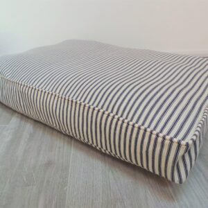 For Percy - Premium personalised Dog Cushion - Perfect for Crates or Lounging - Blue and White Ticking Stripe fabric